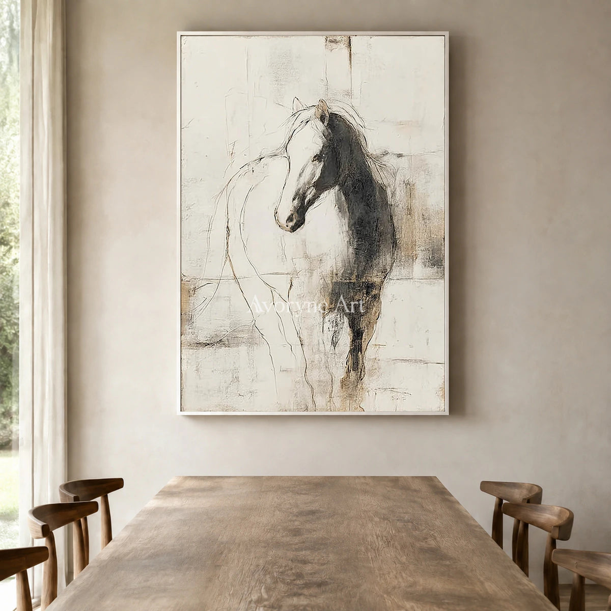 Equine Outline: Beige Minimalist Horse Wall Art — dining white