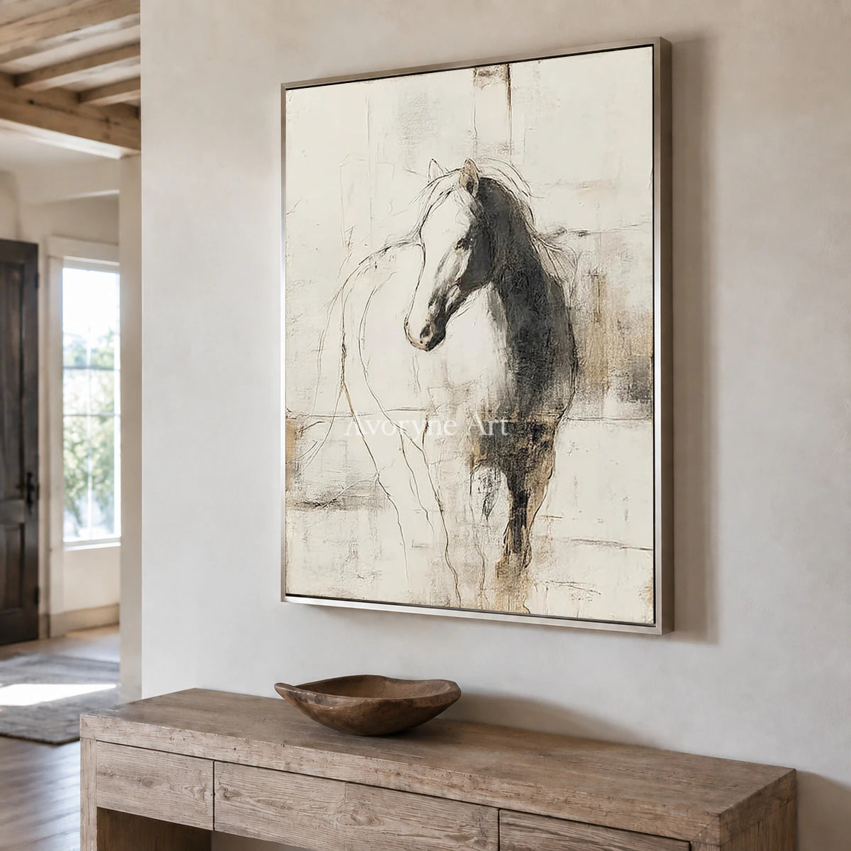 Equine Outline: Beige Minimalist Horse Wall Art — entry silver