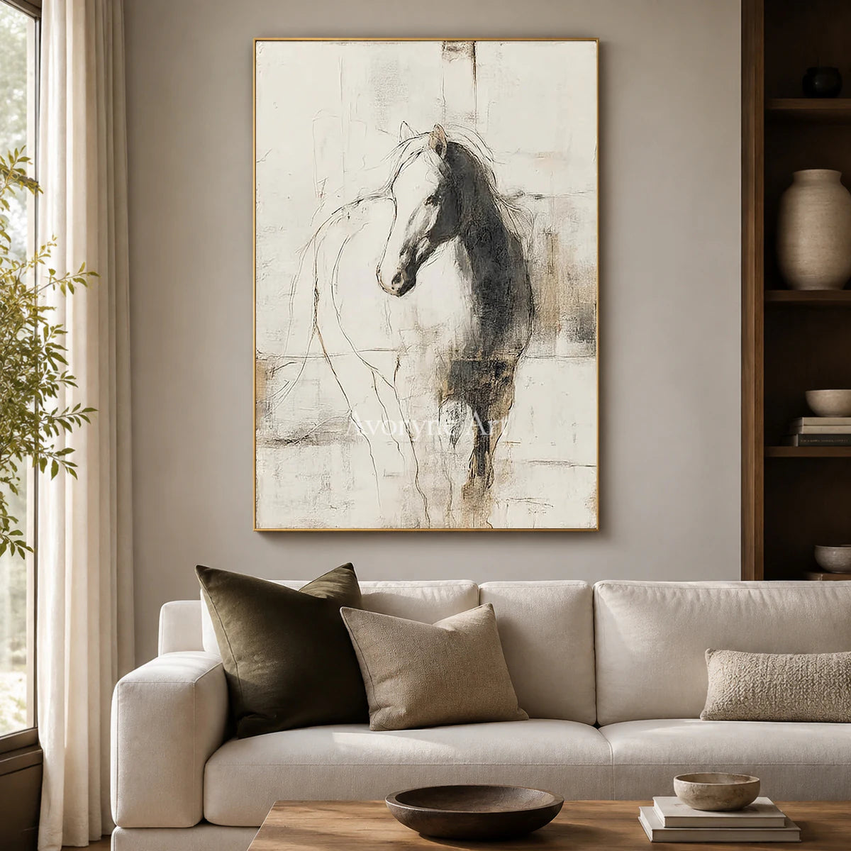 Equine Outline: Beige Minimalist Horse Wall Art — living gold