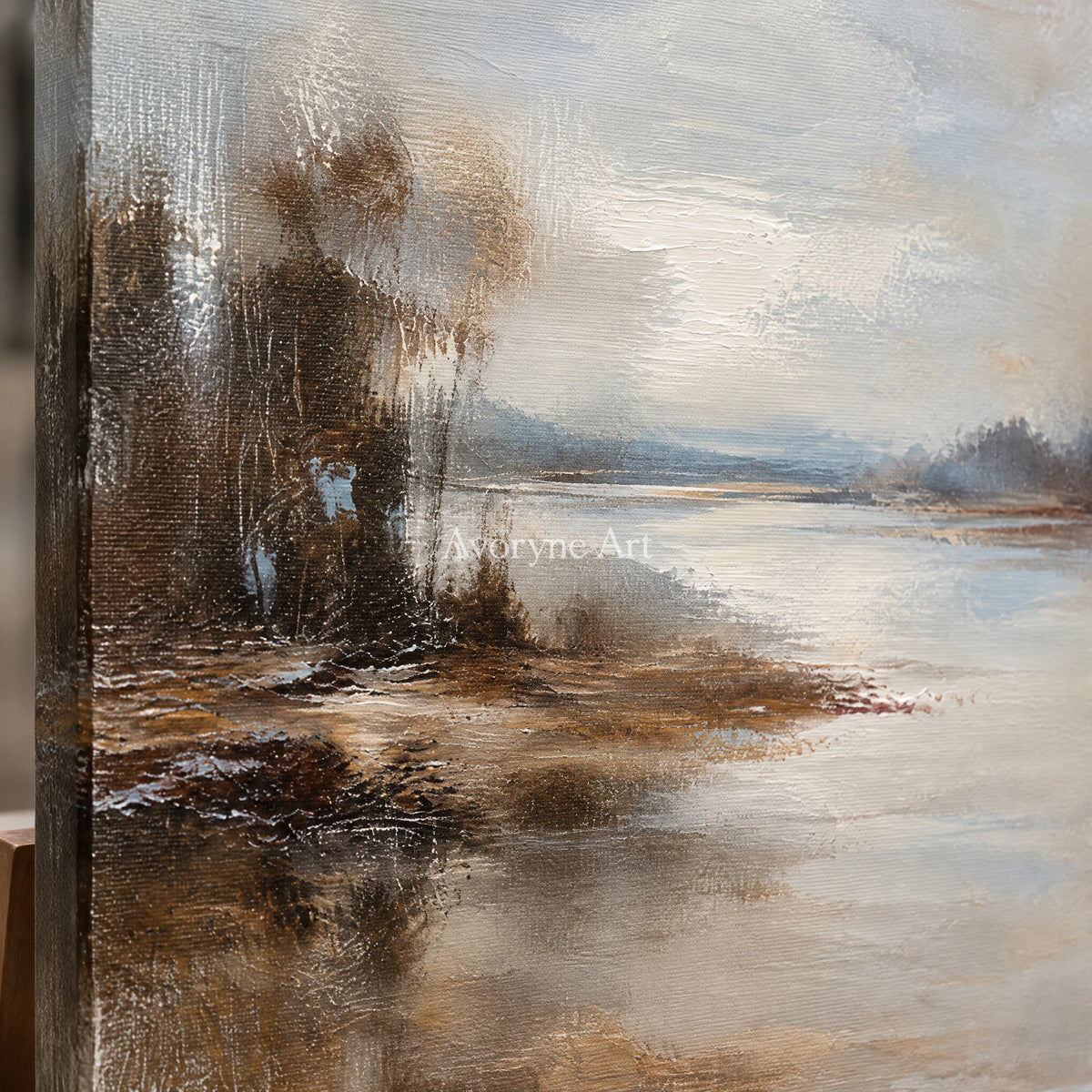 Stillwater Veil: Beige Misty Landscape Wall Art — detail easel