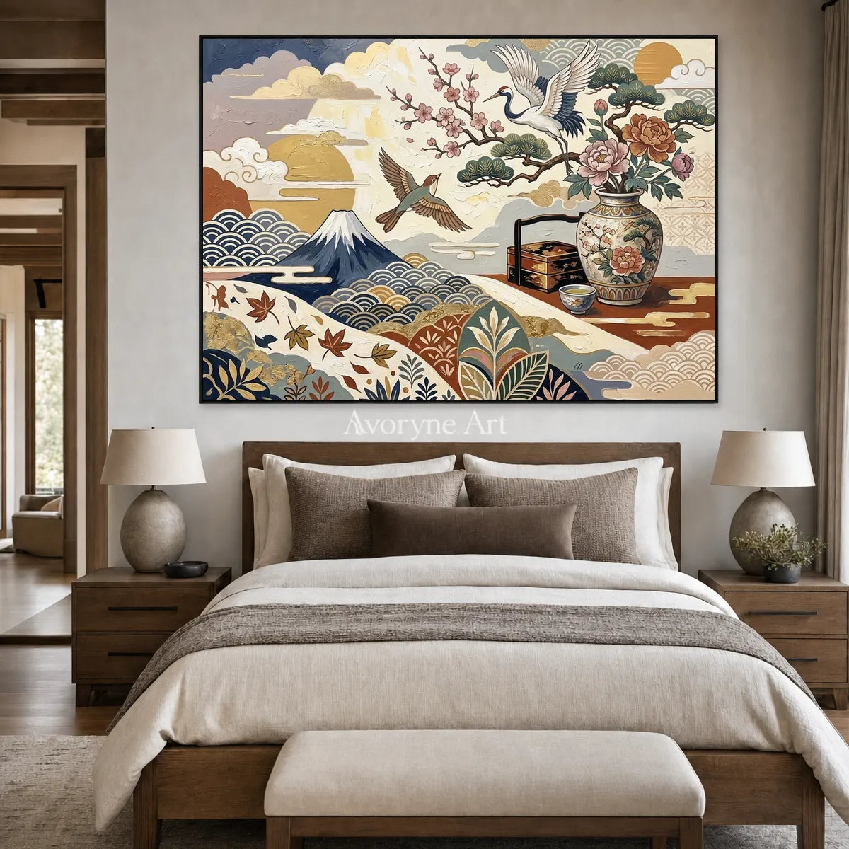 Mountain Cabinet: Beige Mountain and Flower Vase Wall Art — bedroom black