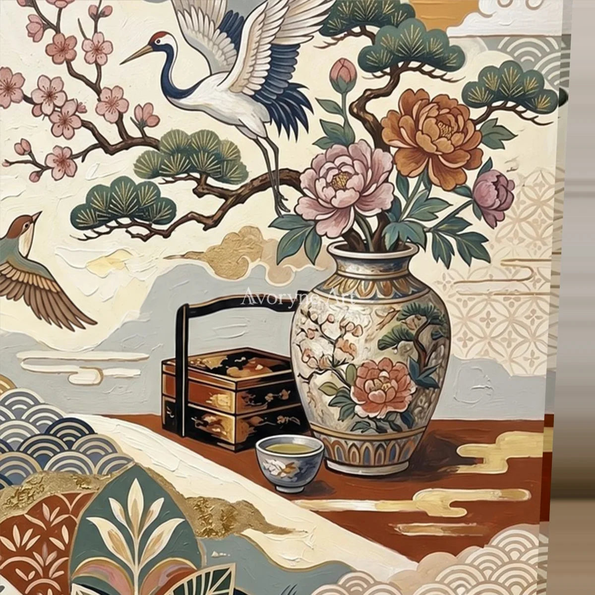 Mountain Cabinet: Beige Mountain and Flower Vase Wall Art — detail easel