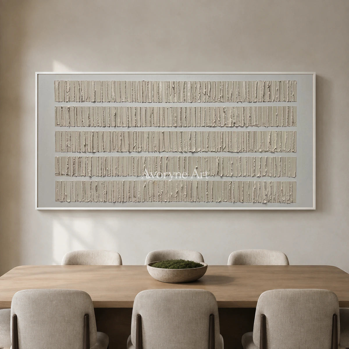 Linen Intervals: Beige Panoramic Linear Texture Wall Art — dining white