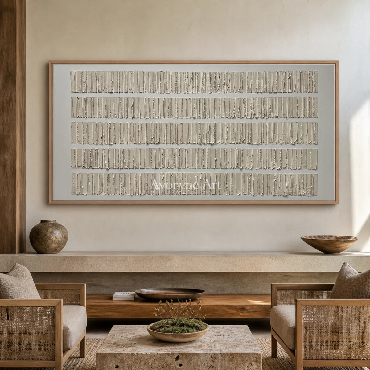 Linen Intervals: Beige Panoramic Linear Texture Wall Art — hotel wood