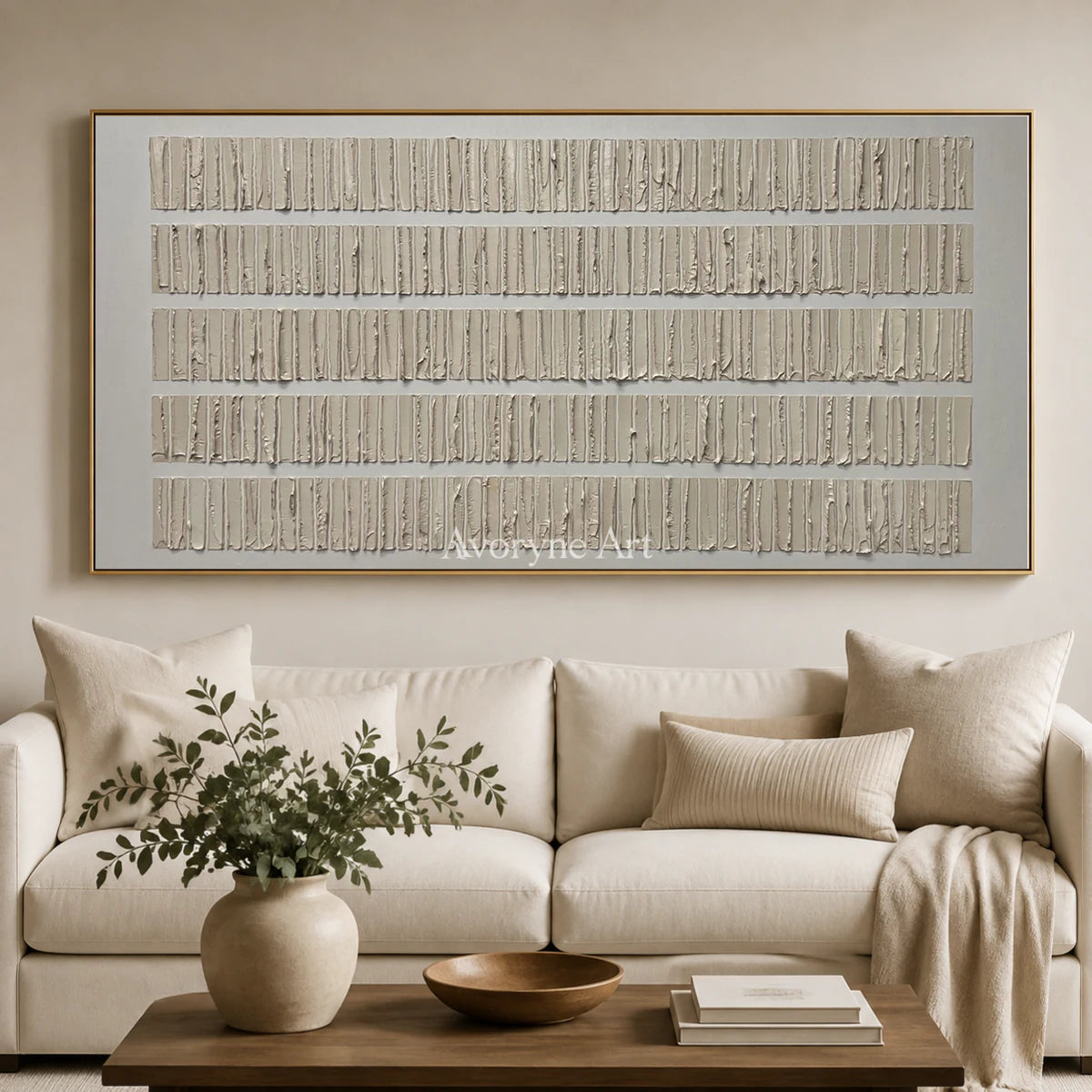 Linen Intervals: Beige Panoramic Linear Texture Wall Art — living gold