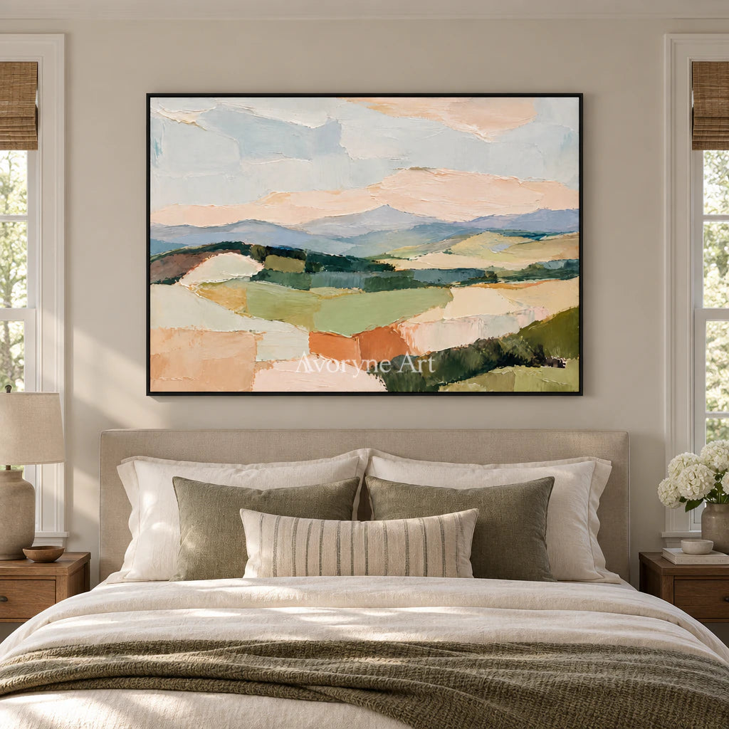 Pasture Layers: Beige Pastel Landscape Wall Art — bedroom black