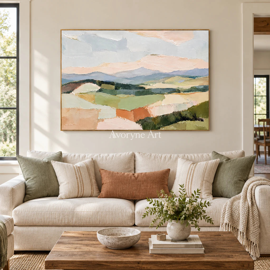 Pasture Layers: Beige Pastel Landscape Wall Art — living gold