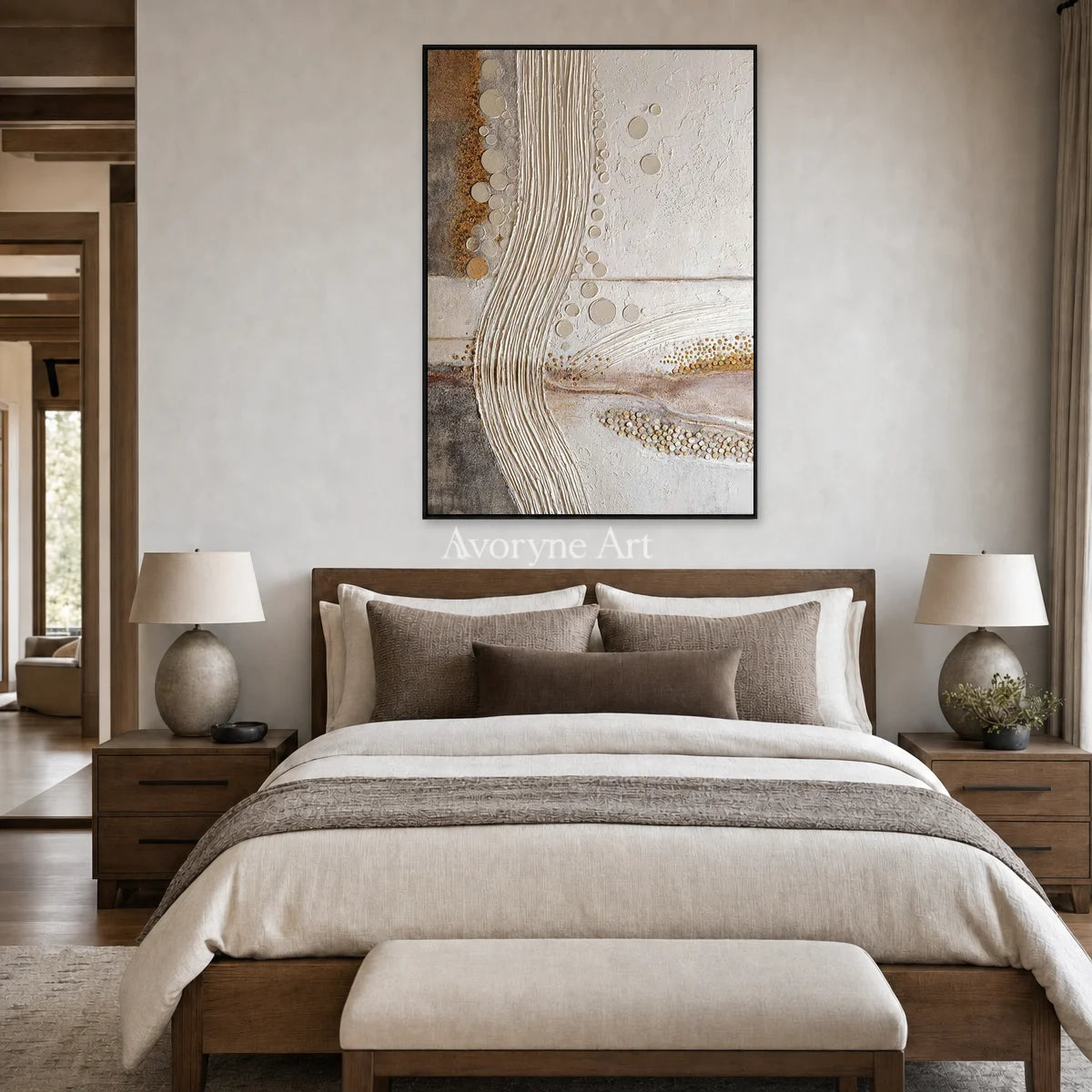 Contour of Dawn: Beige Ridged Abstract Wall Art — bedroom black