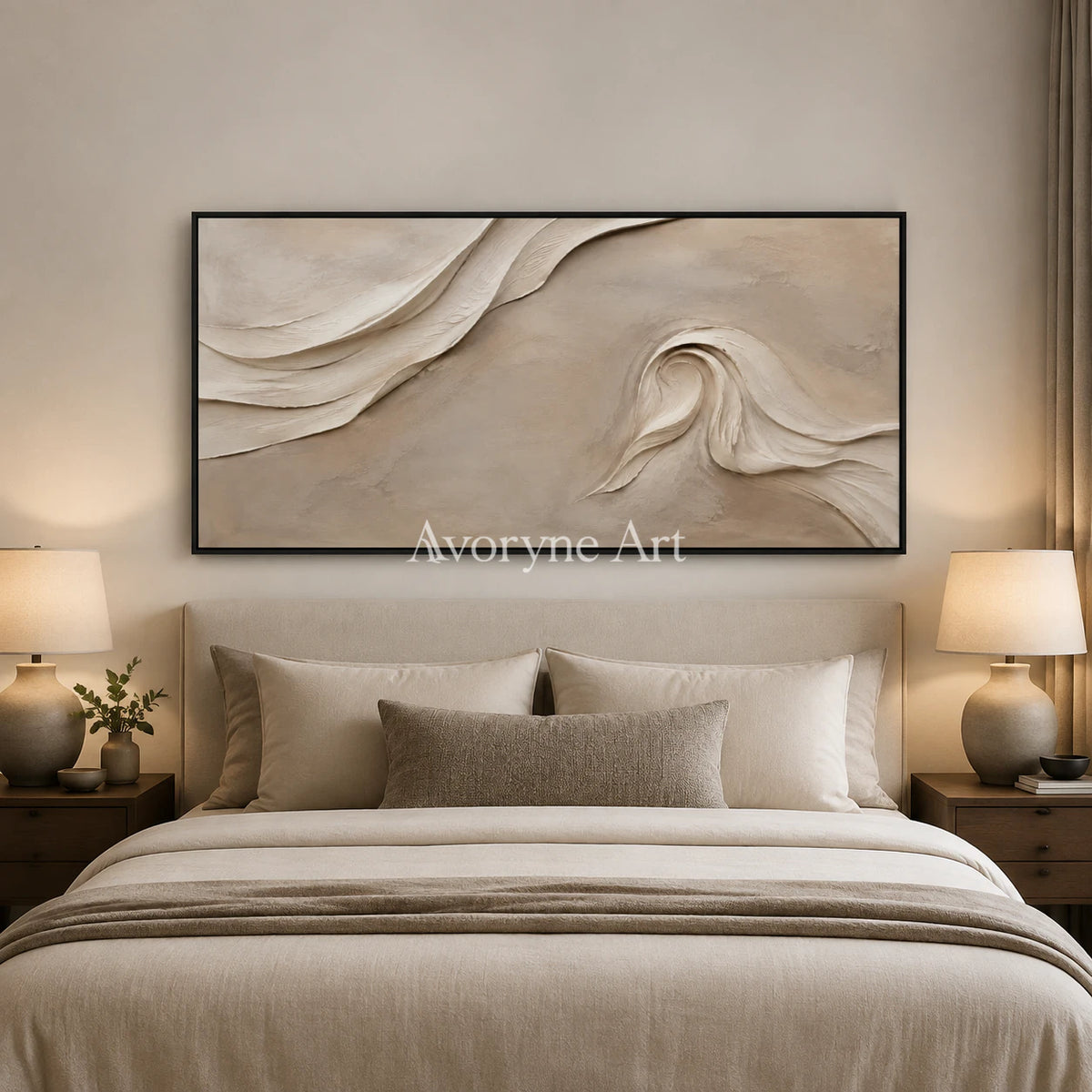 Sandfold Horizon: Beige Sculptural Panoramic Wall Art - bedroom black frame