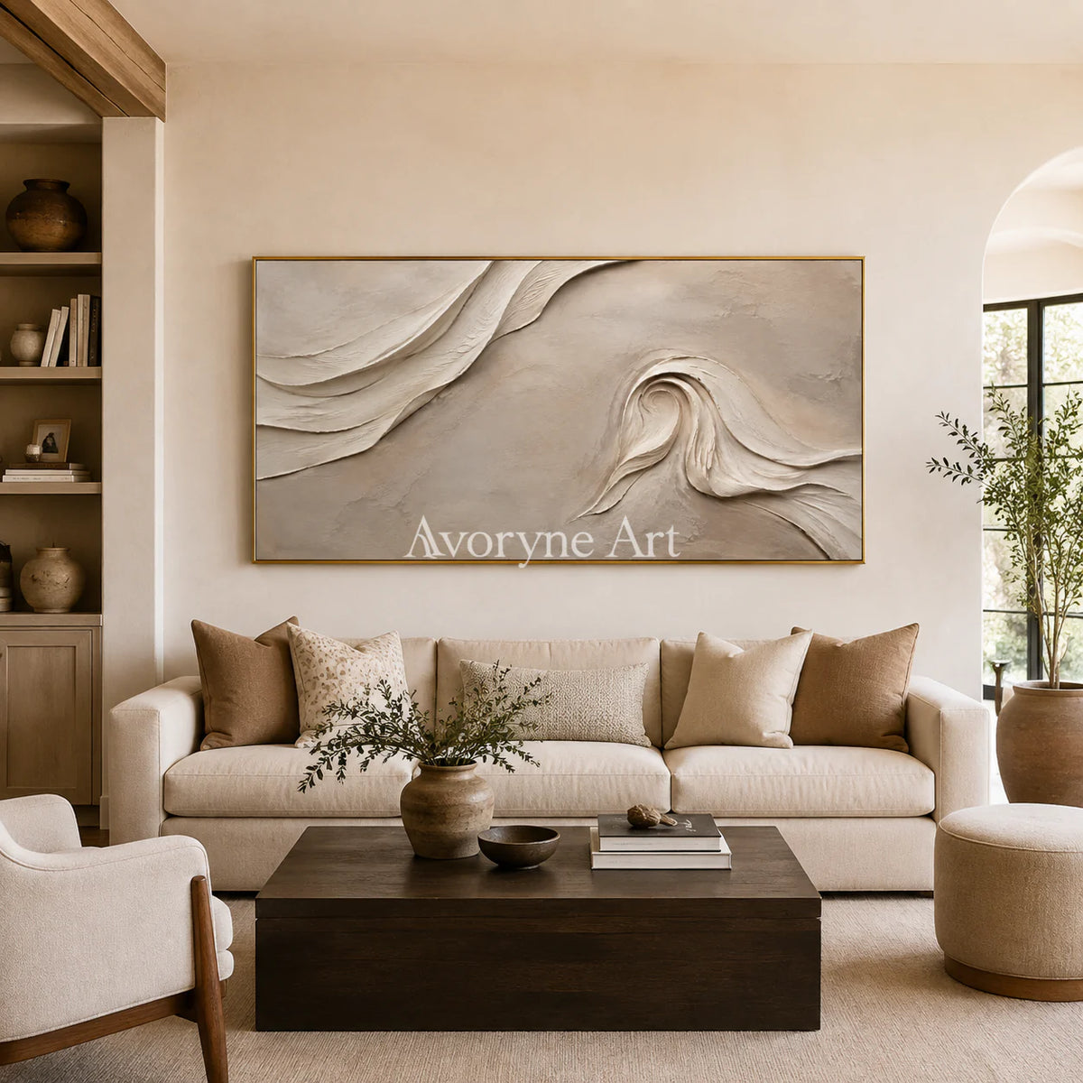 Sandfold Horizon: Beige Sculptural Panoramic Wall Art - living room gold frame