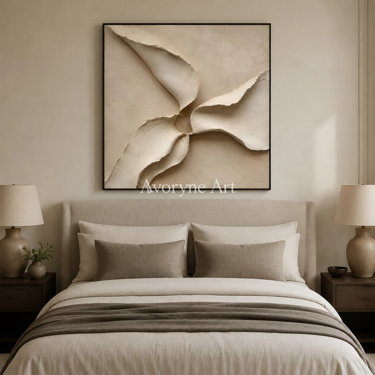 Quiet Mantle: Beige Square Textured Abstract Wall Art - bedroom black frame
