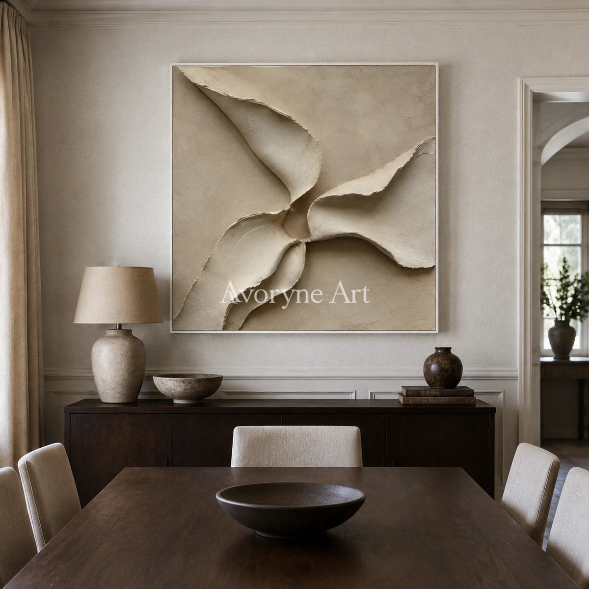 Quiet Mantle: Beige Square Textured Abstract Wall Art - dining room white frame