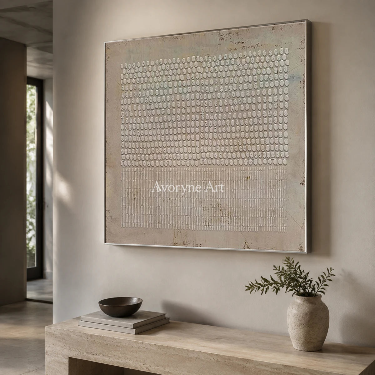 Pebble Ledger: Beige Square Textured Grid Wall Art — entry silver