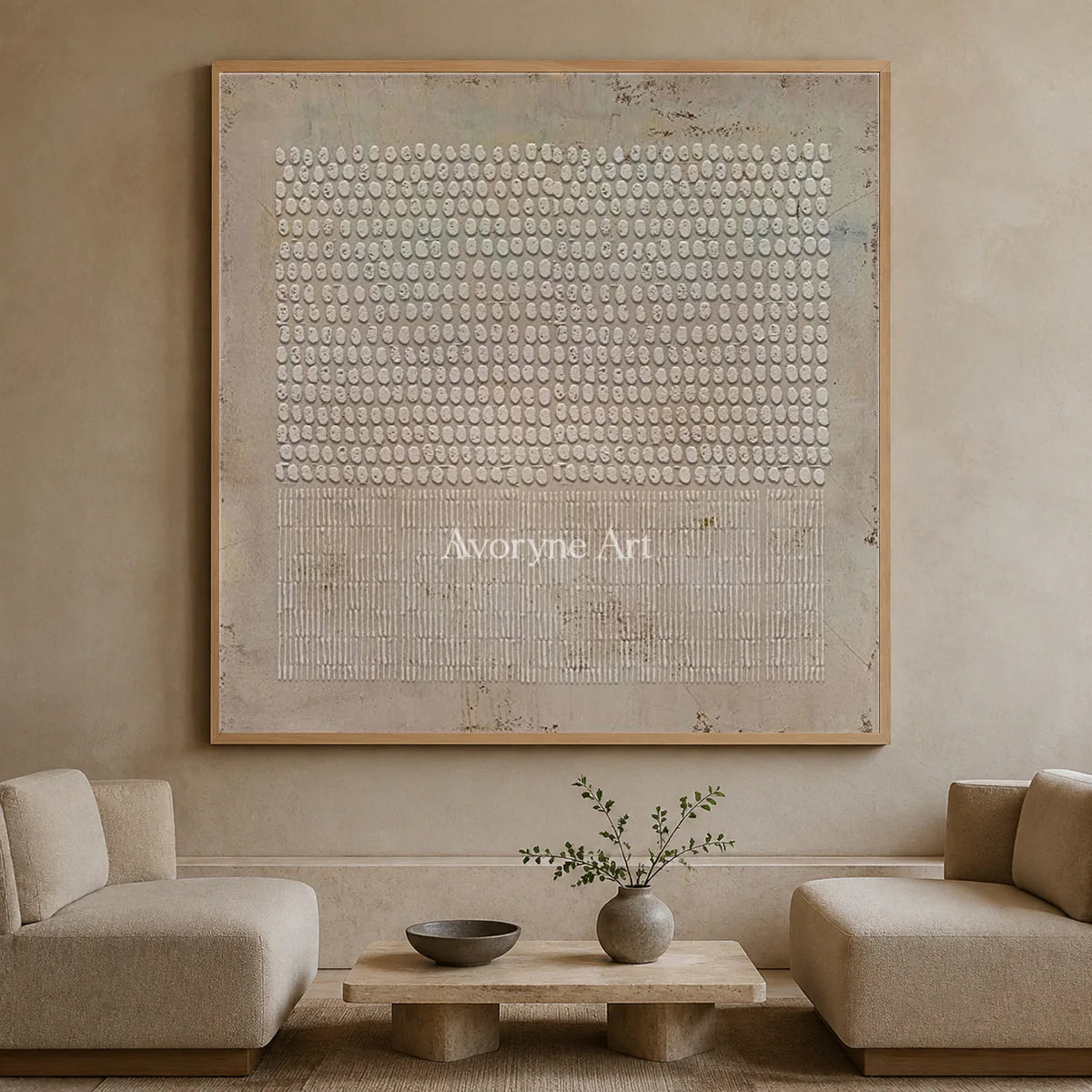 Pebble Ledger: Beige Square Textured Grid Wall Art — hotel wood