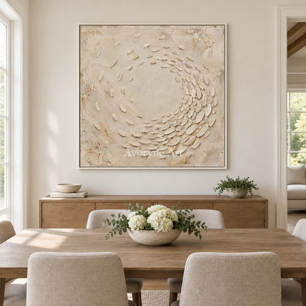 Pebbled Orbit: Beige Textured Abstract Wall Art — dining white