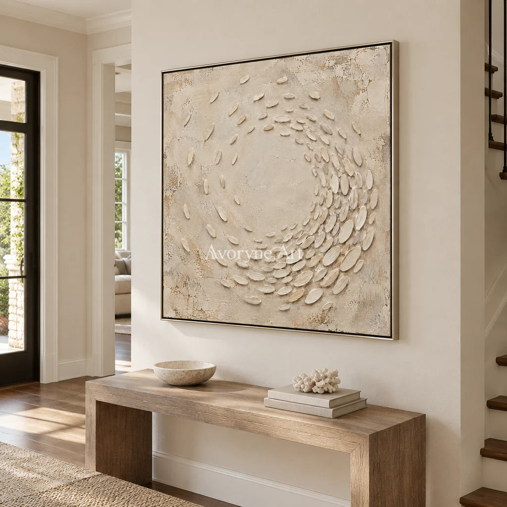 Pebbled Orbit: Beige Textured Abstract Wall Art — entry silver