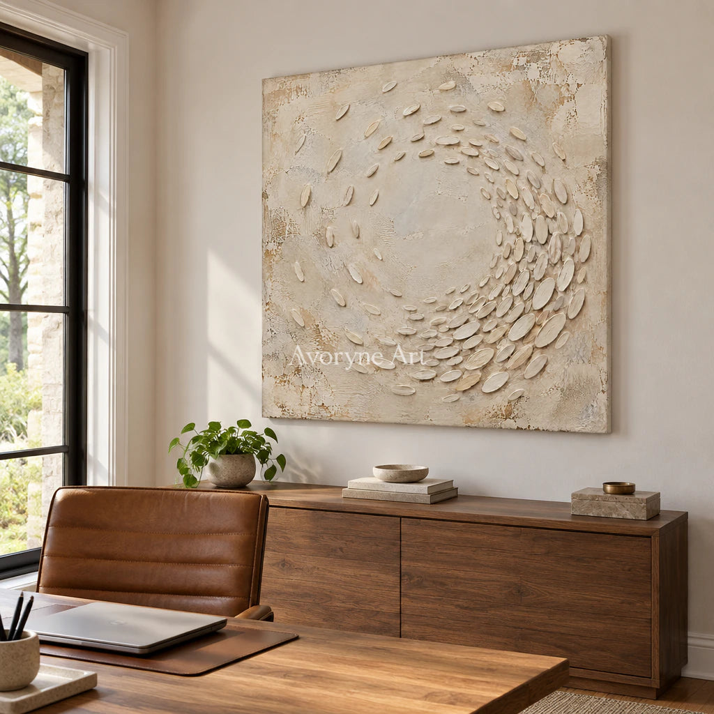 Pebbled Orbit: Beige Textured Abstract Wall Art — office frameless