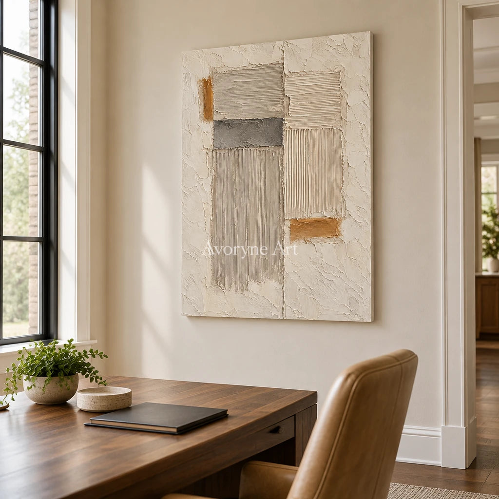 Sandstone Rhythm: Beige Textured Abstract Wall Art — office frameless