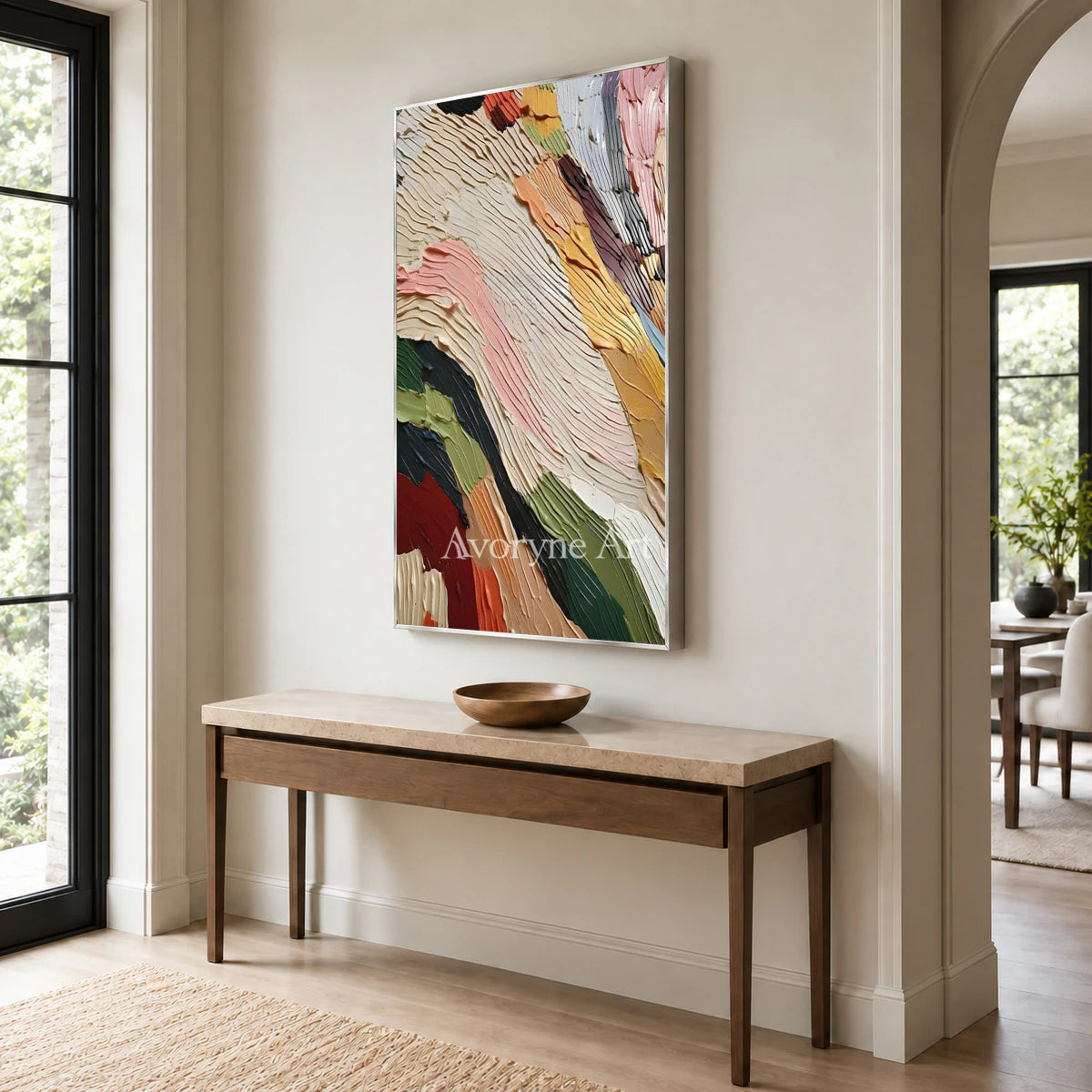 Chromatic Passage: Beige Textured Colorful Abstract Wall Art — entry silver