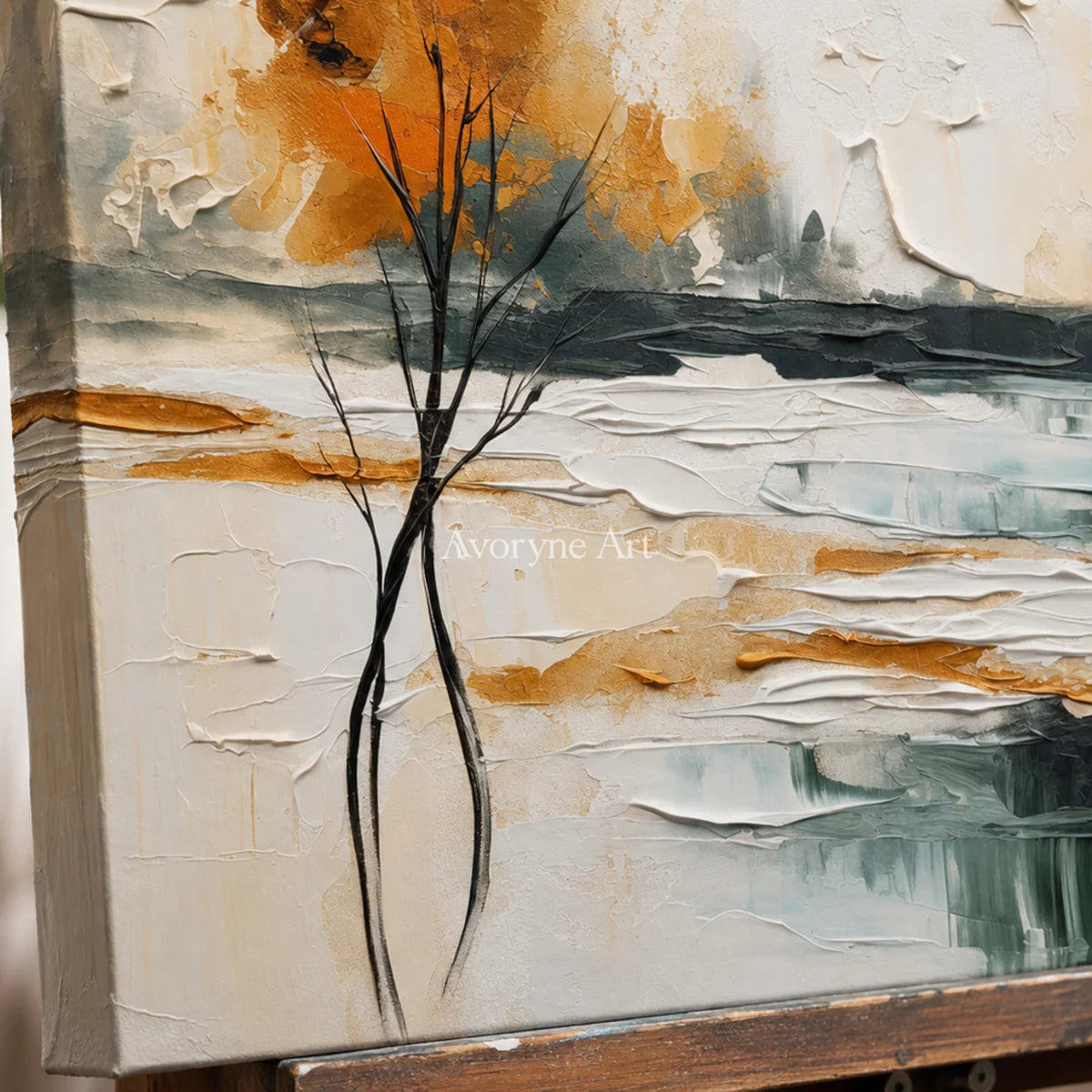 Amber Treeline: Beige Textured Landscape Wall Art — detail easel