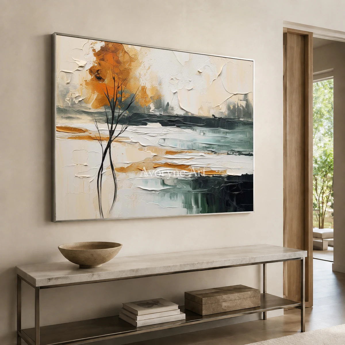 Amber Treeline: Beige Textured Landscape Wall Art — entry silver