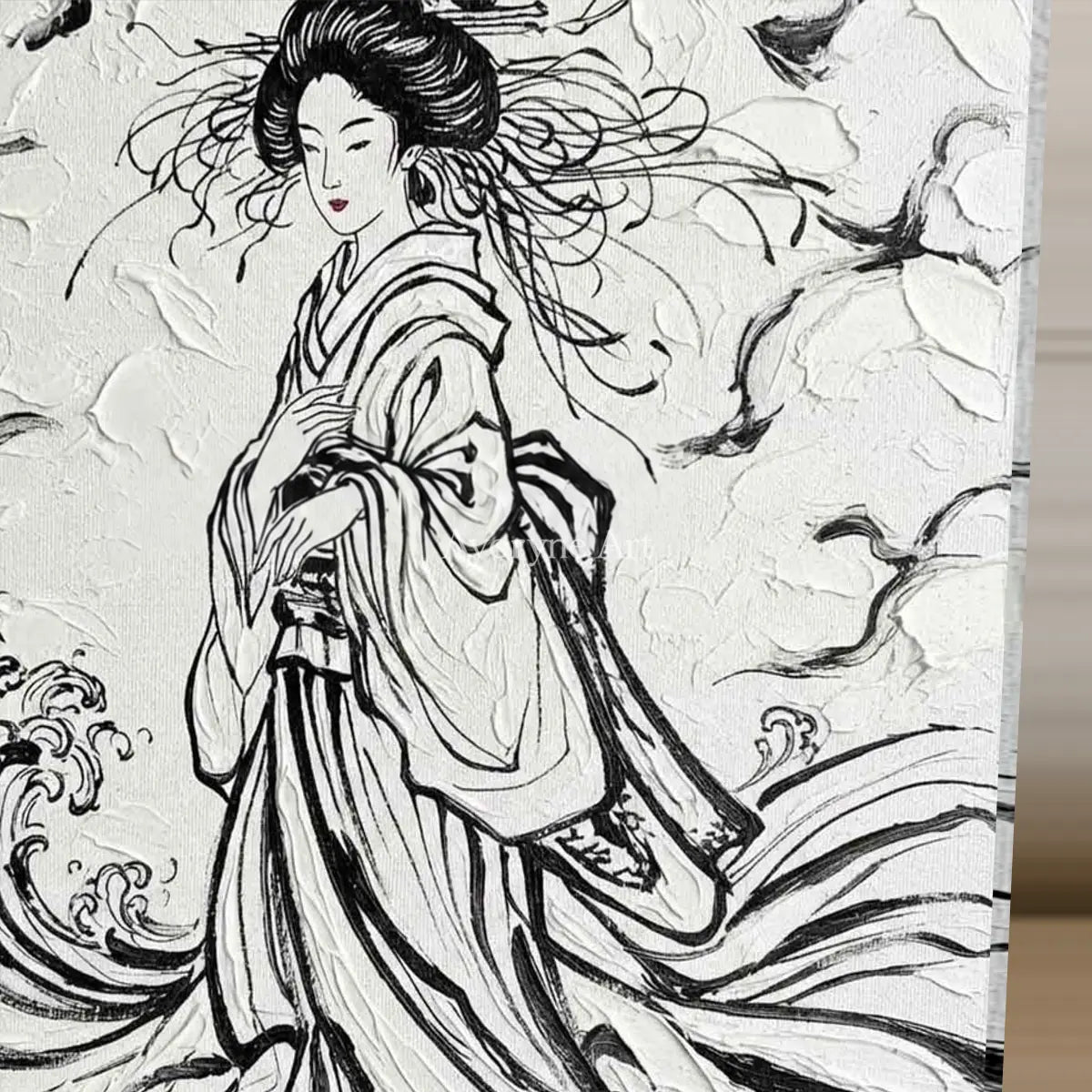 Inkbound Breeze: Black and White Kimono Portrait Square Wall Art — detail easel