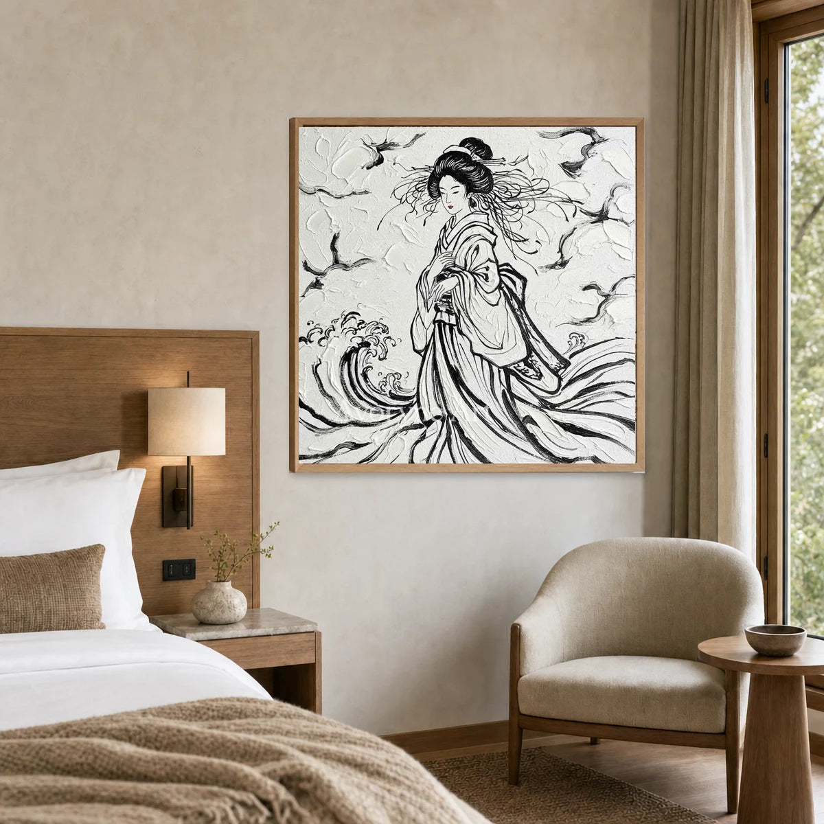 Inkbound Breeze: Black and White Kimono Portrait Square Wall Art — hotel wood