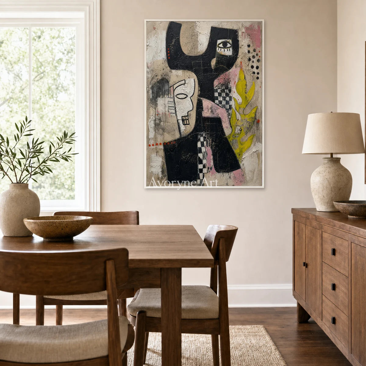Fragments of Regard: Black Cubist Faces Textured Wall Art — dining white