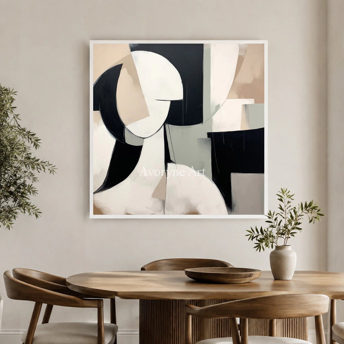 Faceted Presence: Black Cubist Portrait Wall Art — dining white
