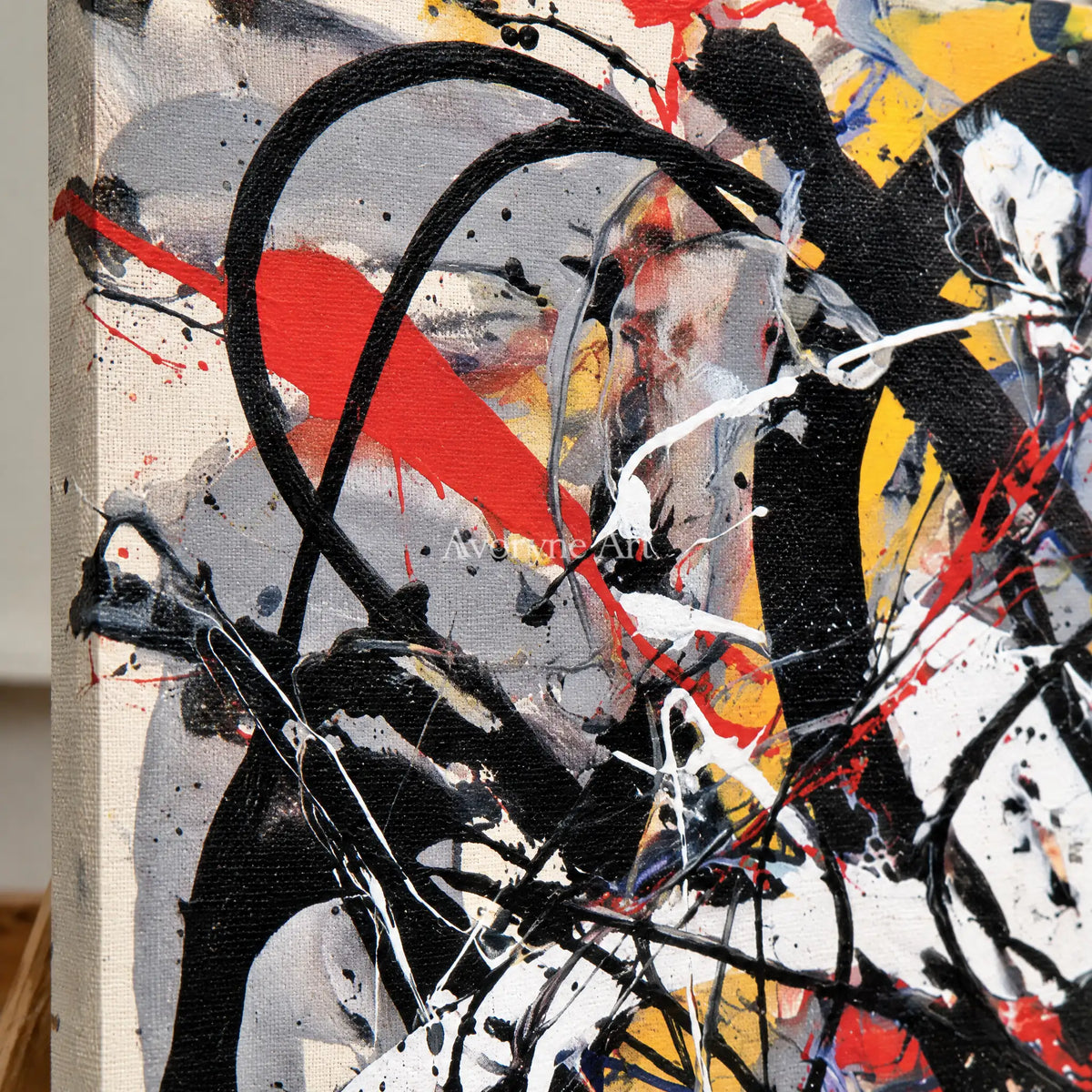 Ivory Lucent Solace: Black Drip Abstract — detail easel