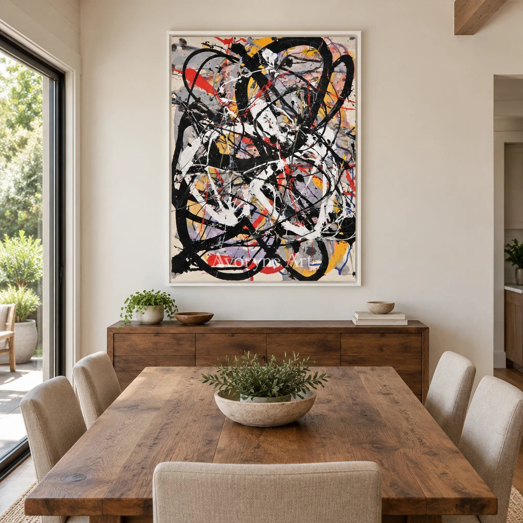 Ivory Lucent Solace: Black Drip Abstract — dining white