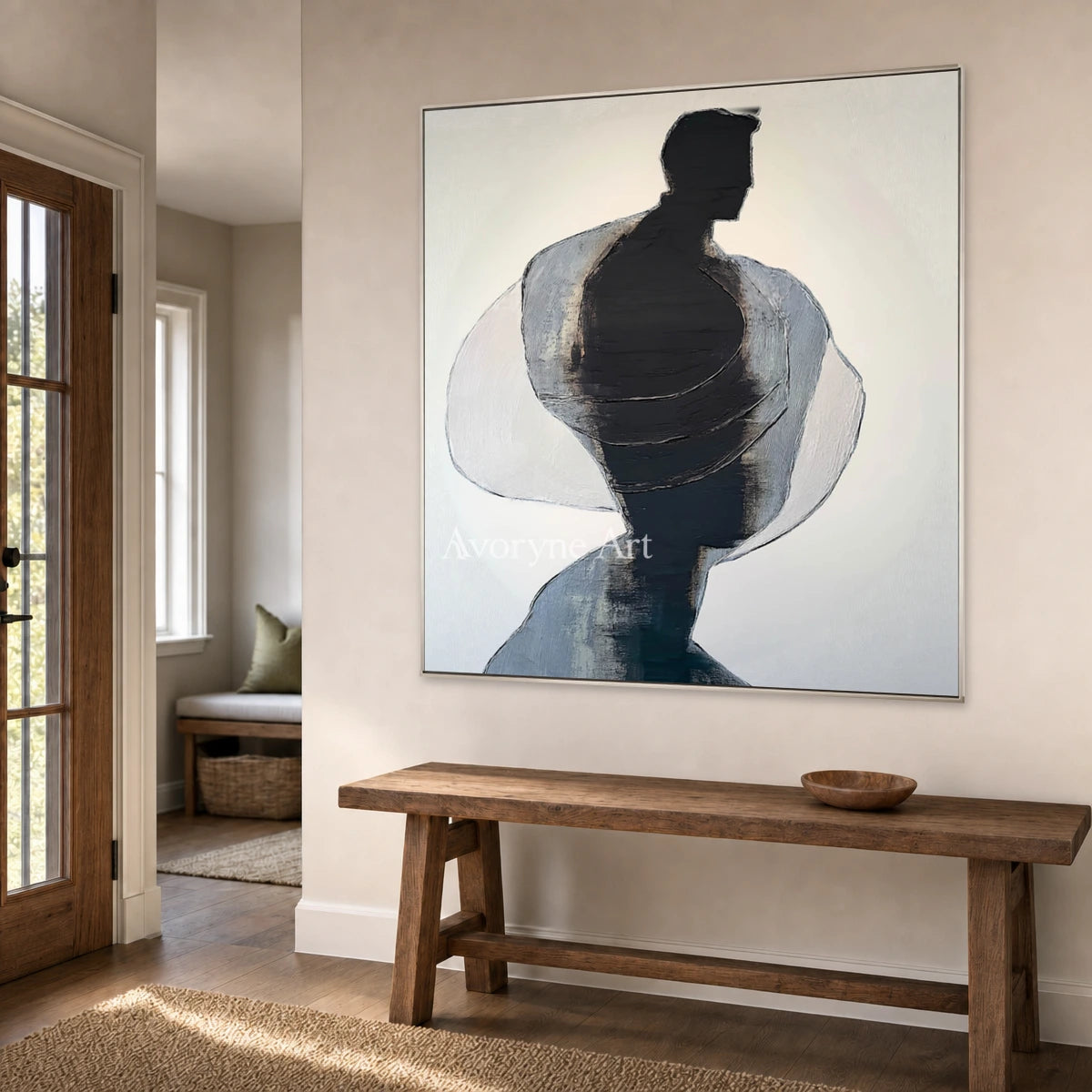 Obsidian Turning: Black Gestural Texture Square Abstract Wall Art — entry silver