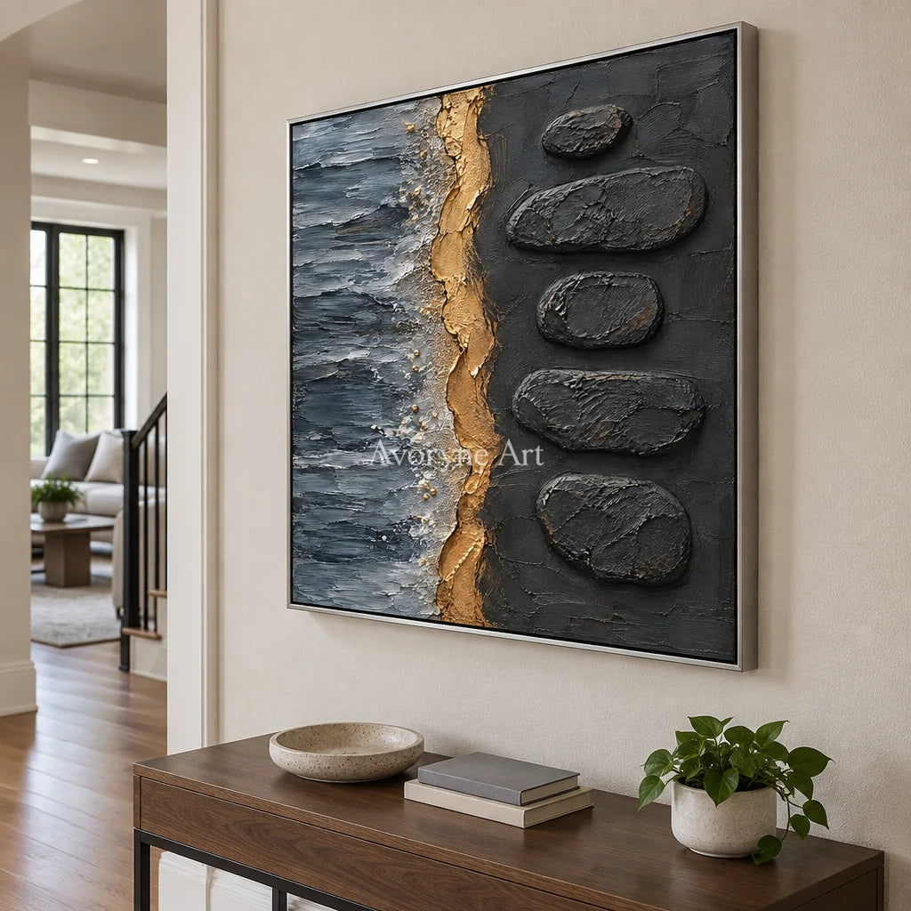 Gilded Cairn: Black Gold Abstract Art — entry silver