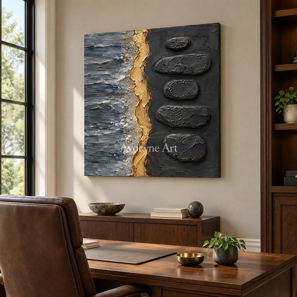 Gilded Cairn: Black Gold Abstract Art — office frameless