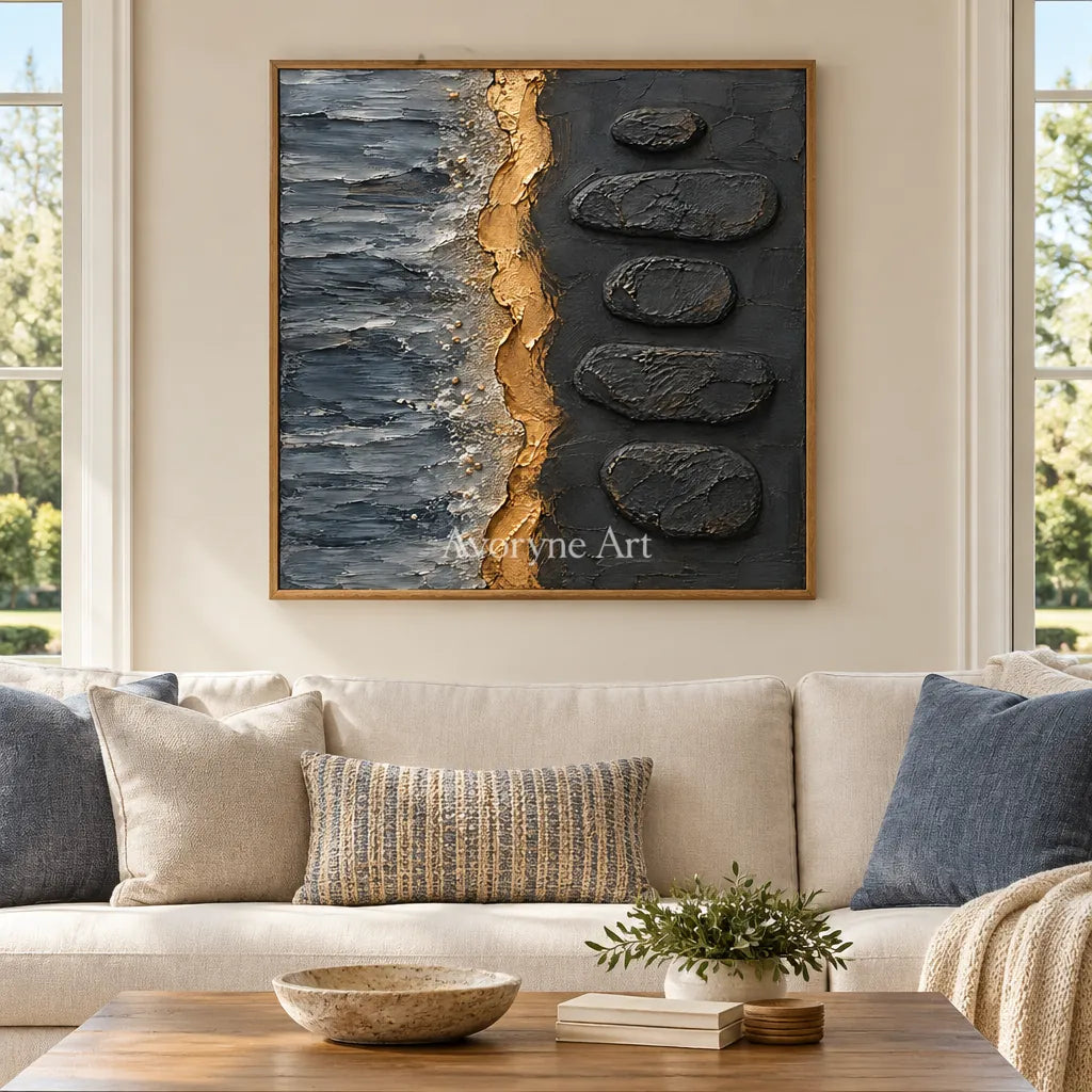 Gilded Cairn: Black Gold Abstract Art — villa wood