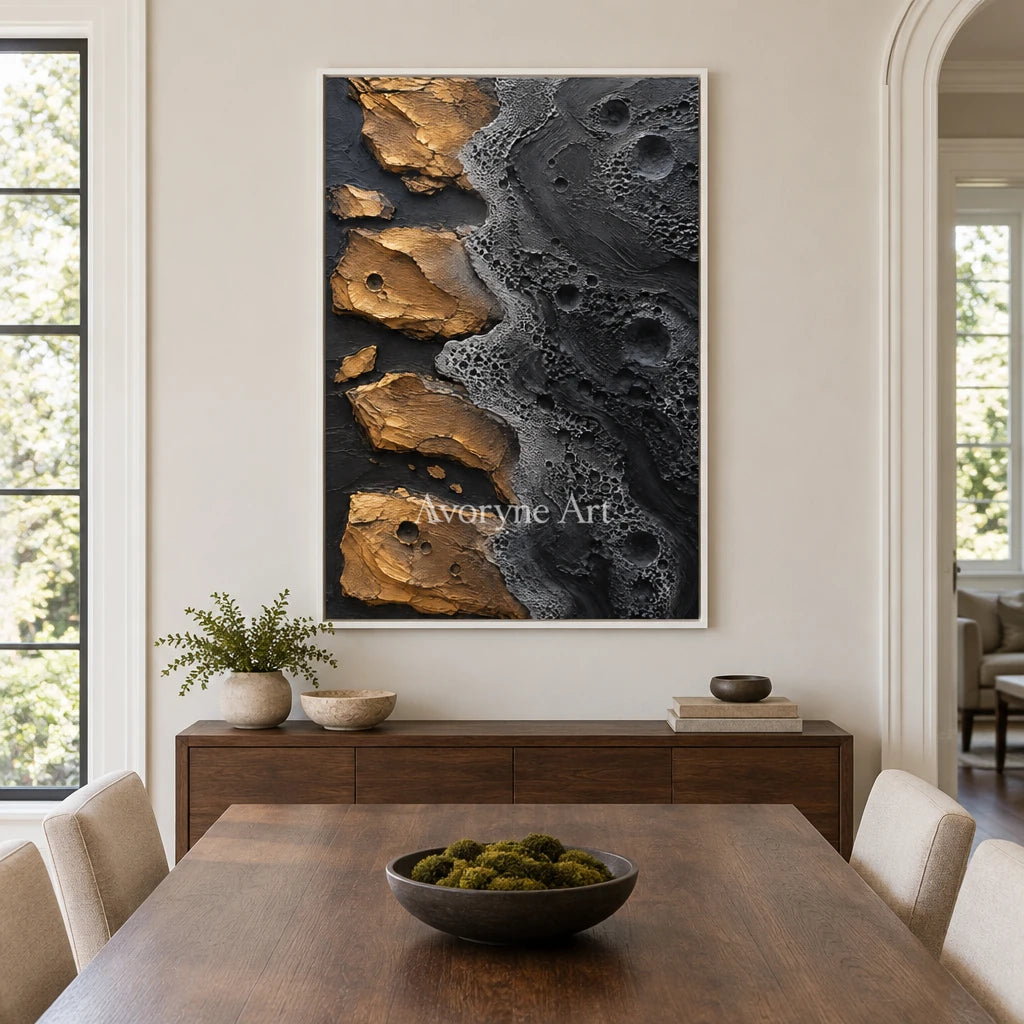 Obsidian Isles: Black Gold Abstract Art — dining white