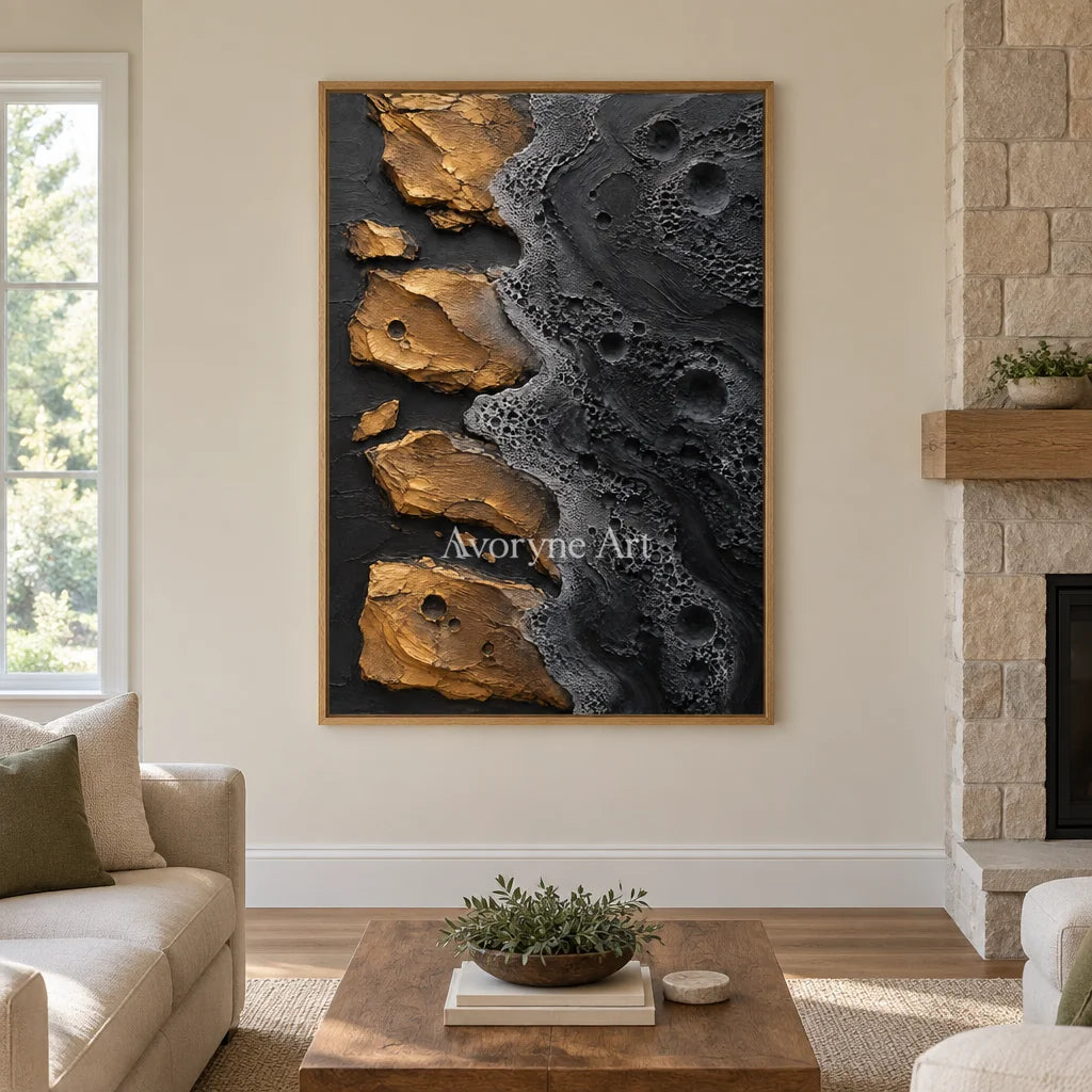 Obsidian Isles: Black Gold Abstract Art — villa wood