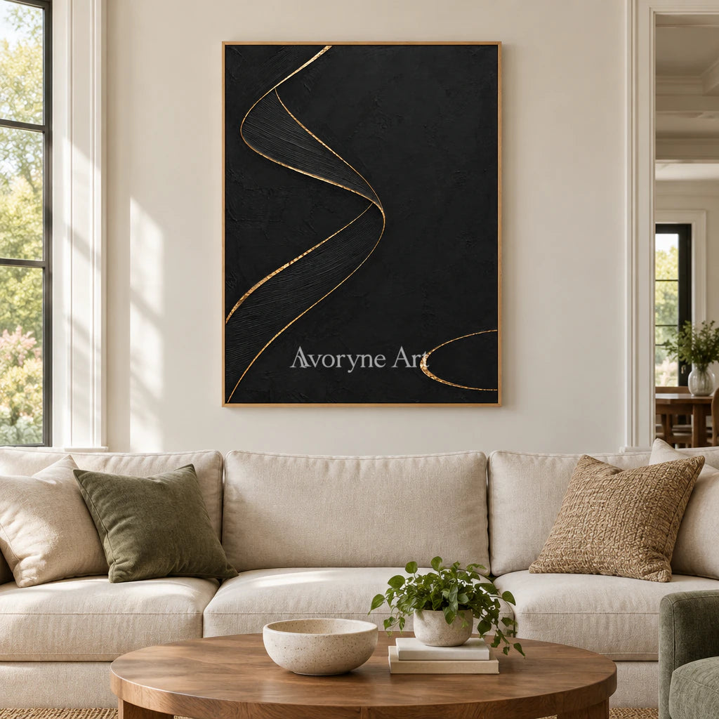 Gilded Helix: Black Gold Line Abstract Wall Art — villa wood