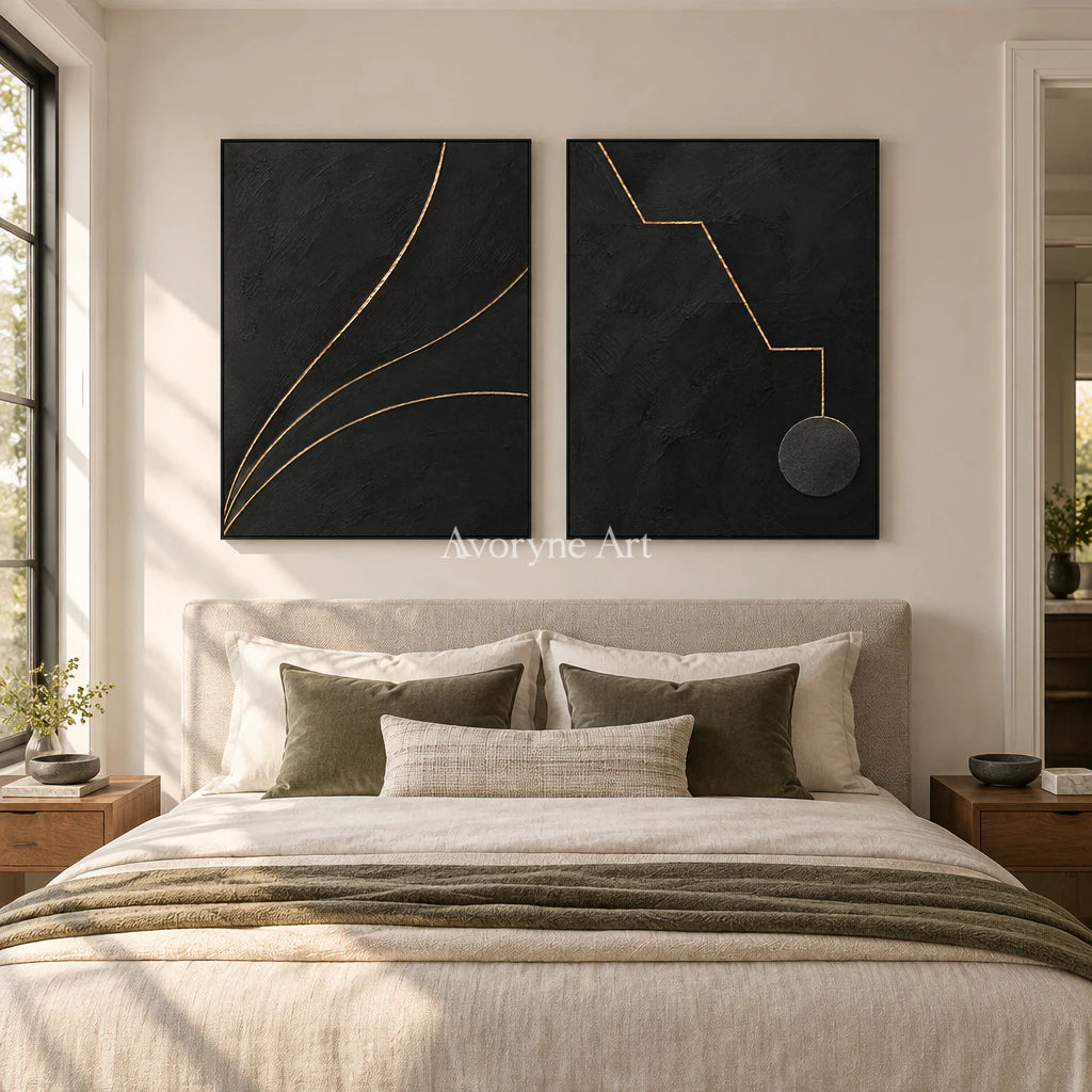 Gilded Pathways: Black Gold Line Diptych Wall Art — bedroom black