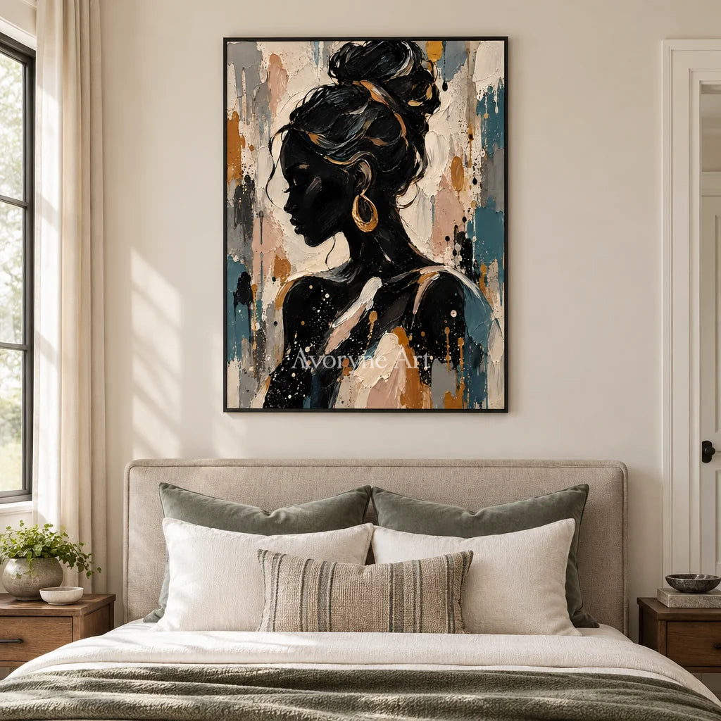 Gilded Profile: Black Gold Woman Portrait Wall Art — bedroom black