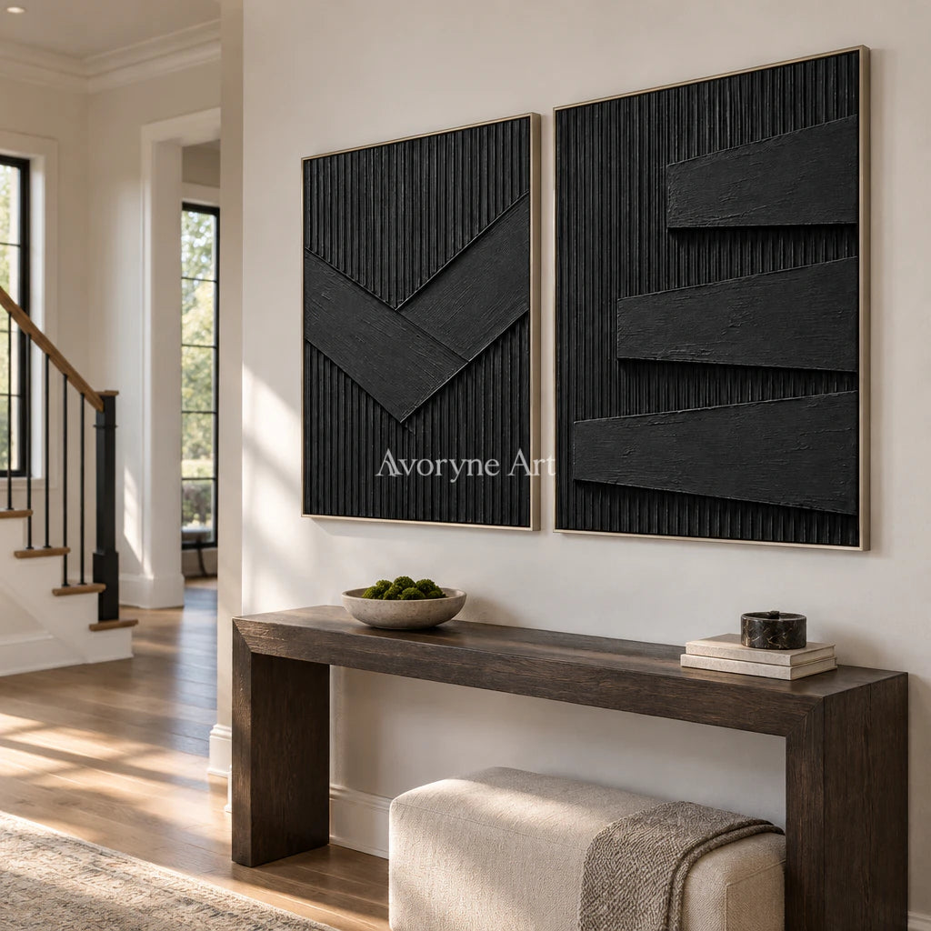 Shadow Terraces: Black Grooved Diptych Wall Art — entry silver