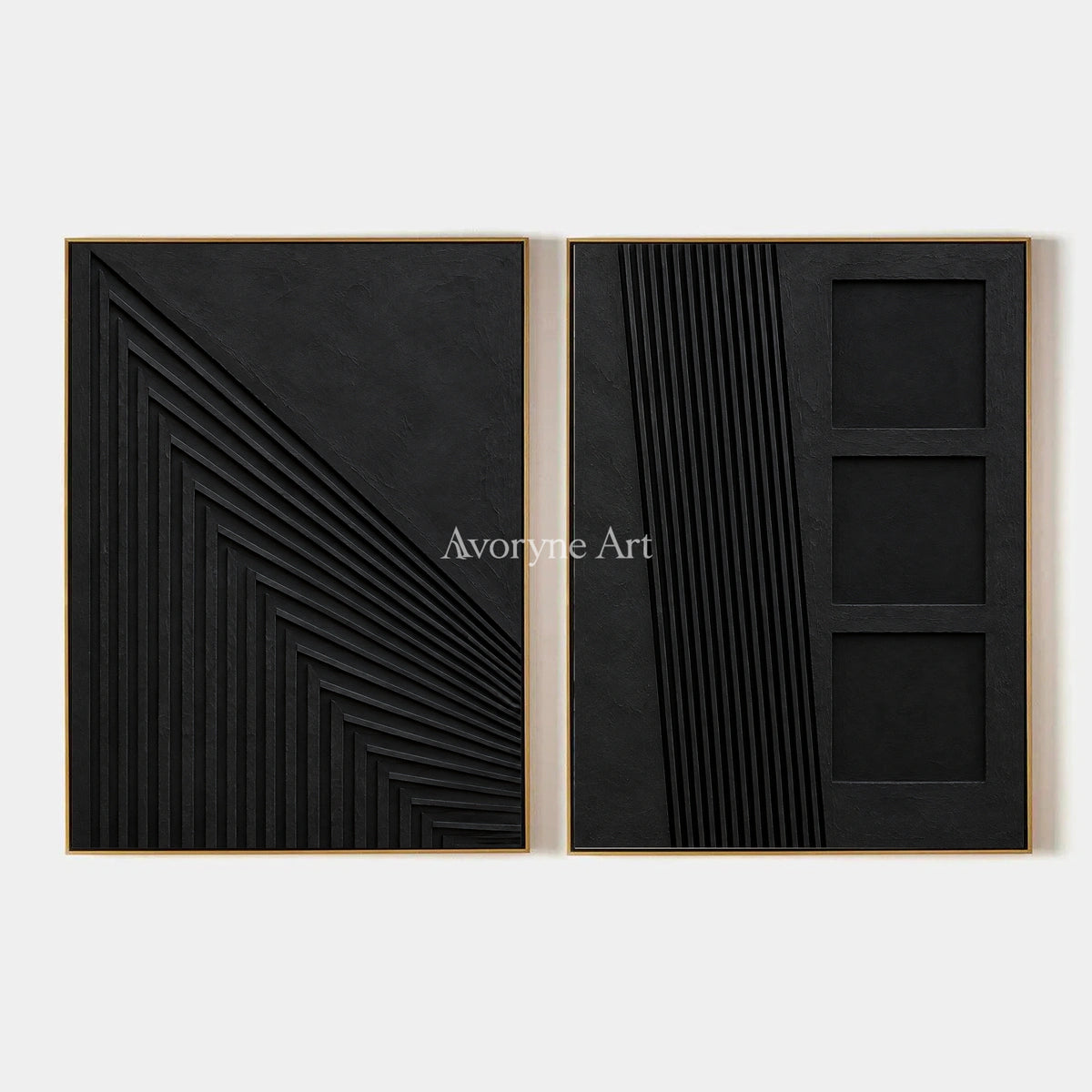Nocturne Contours: Black Grooved Diptych Wall Art — primary