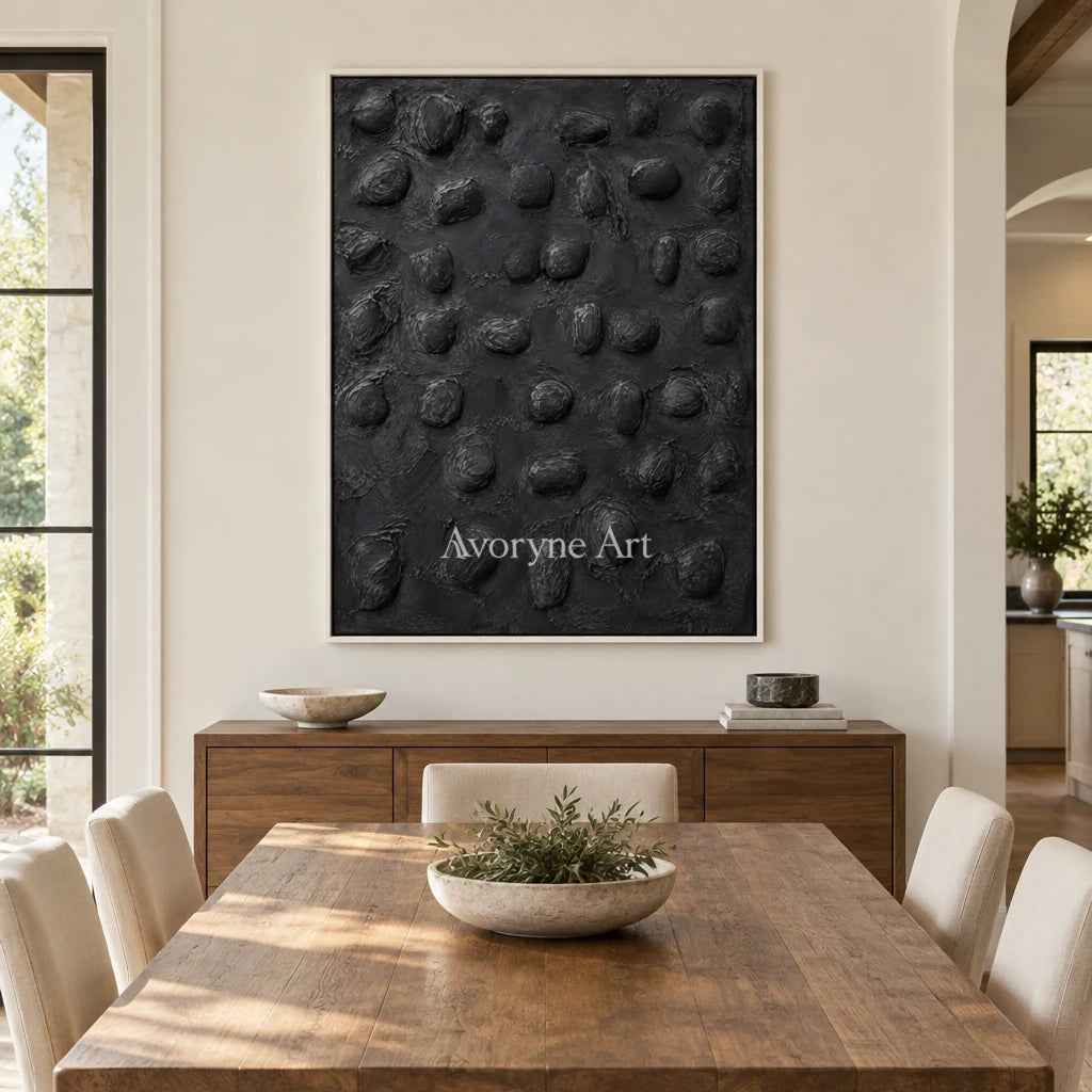 Nocturne Pebbles: Black Organic Relief Wall Art — dining white