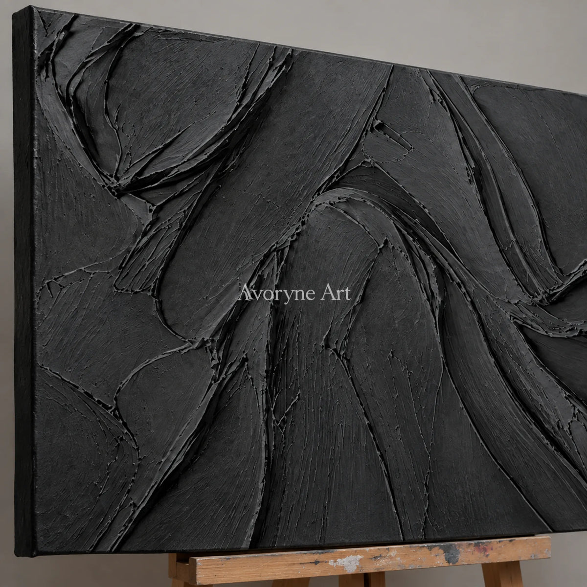 Obsidian Sweep: Black Panoramic Texture Wall Art — detail easel