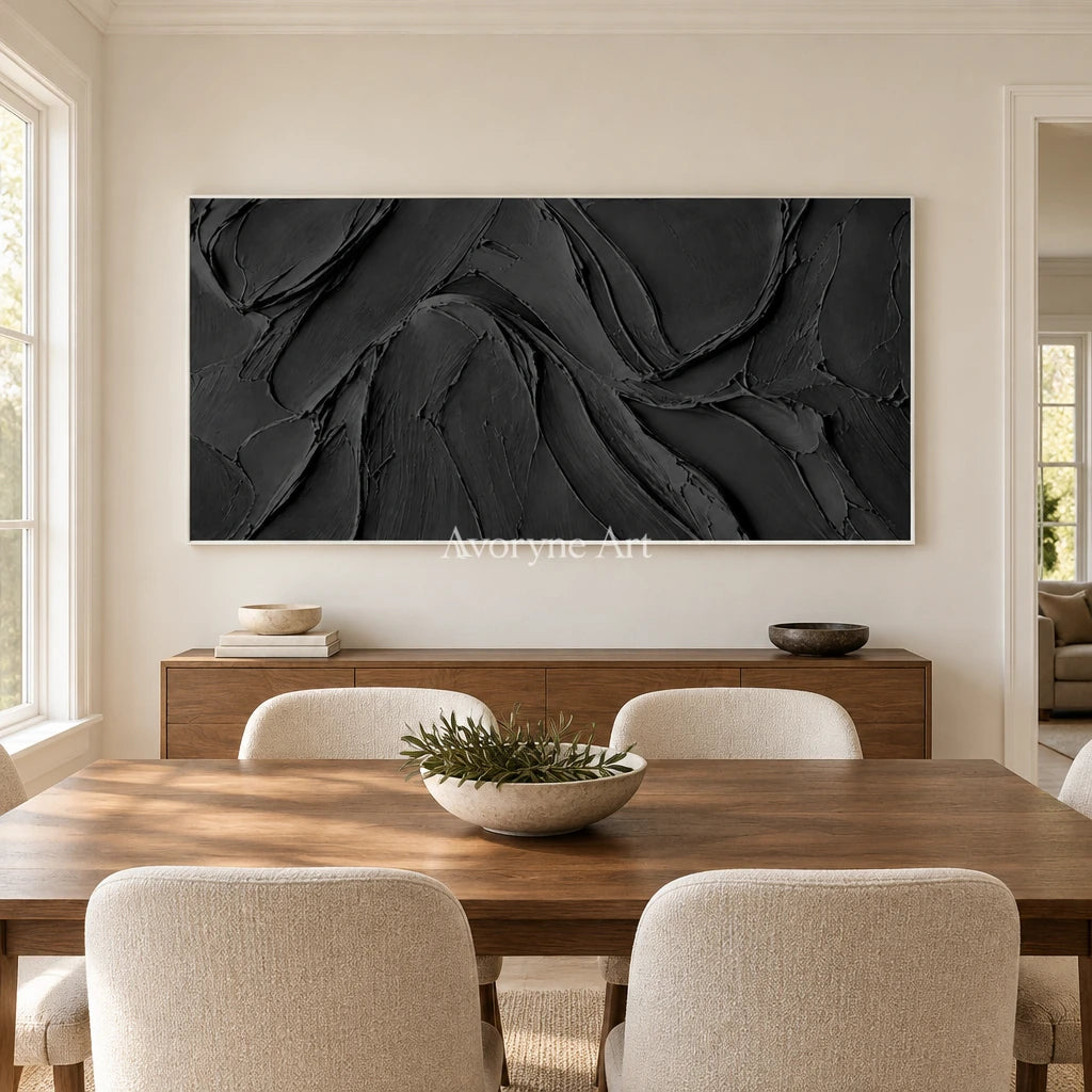 Obsidian Sweep: Black Panoramic Texture Wall Art — dining white