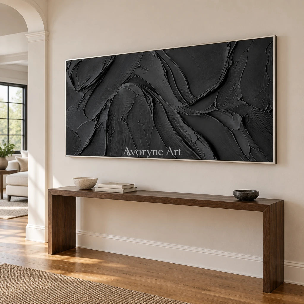 Obsidian Sweep: Black Panoramic Texture Wall Art — entry silver