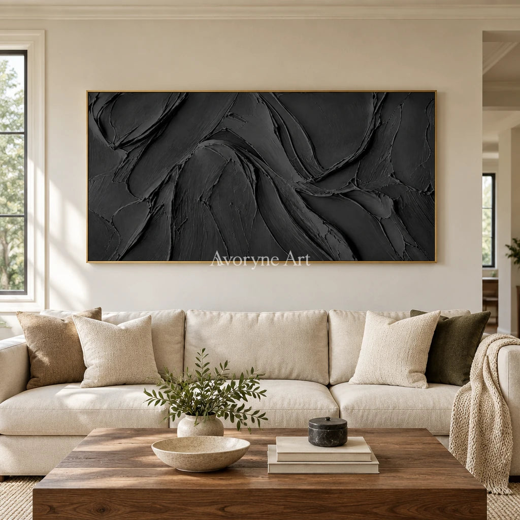 Obsidian Sweep: Black Panoramic Texture Wall Art — living gold