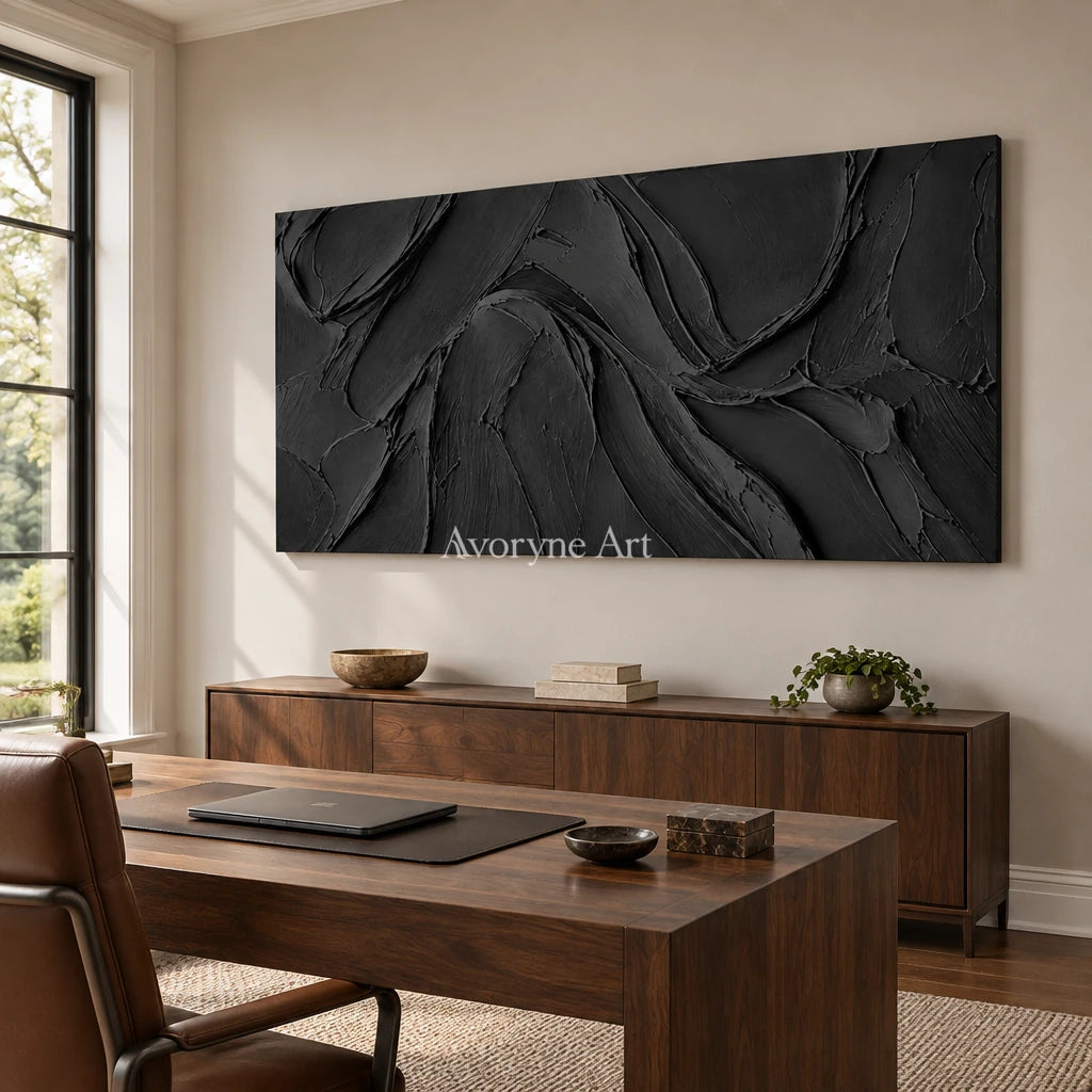 Obsidian Sweep: Black Panoramic Texture Wall Art — office frameless