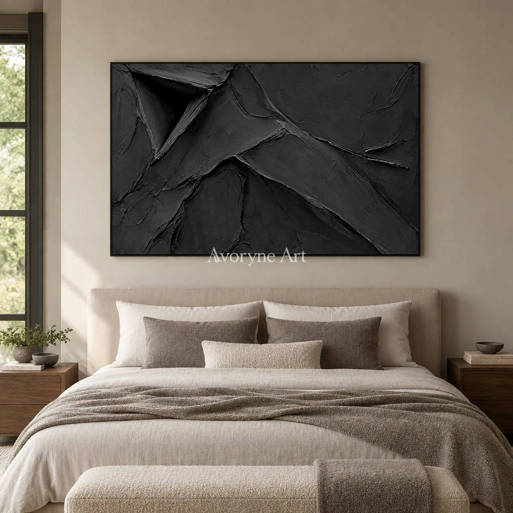 Obsidian Fold: Black Sculptural Abstract Wall Art — bedroom black