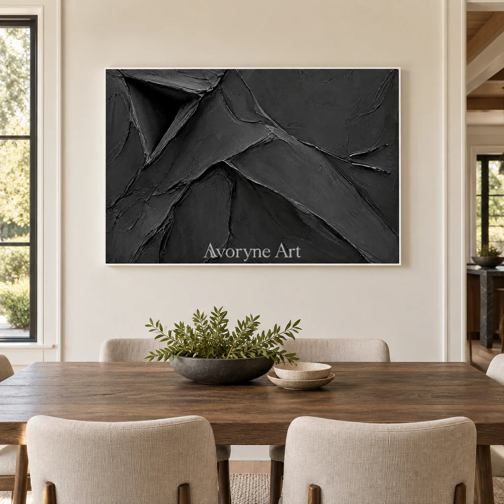Obsidian Fold: Black Sculptural Abstract Wall Art — dining white